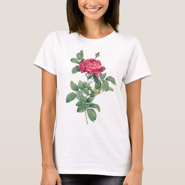 Rote Rose Blume mit grünen Blätter T-Shirt (Vorderseite)