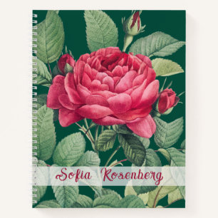 Rote Rose Blume mit Monogramm der grünen Blätter Notizbuch