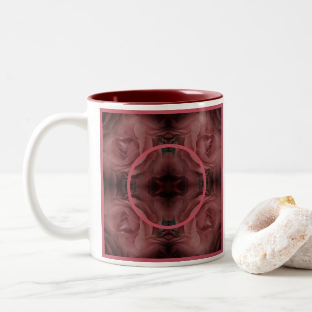 Rote Rose Blume Naturrahmen hinzufügen Foto Zweifarbige Tasse (Mit Donut)