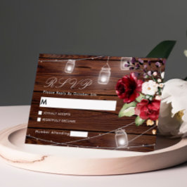 Rote Rose Blume Rustic Wood Wedding RSVP Card Karte