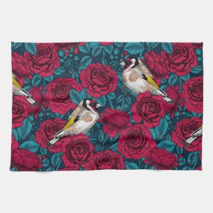 Rote Rose Blume und Goldflossenvögel Geschirrtuch