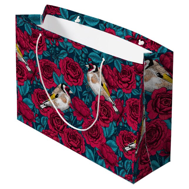 Rote Rose Blume und Goldflossenvögel Große Geschenktüte (Rückseite Schrägansicht)