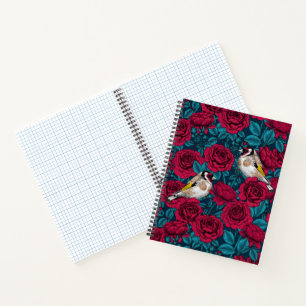 Rote Rose Blume und Goldflossenvögel Notizbuch