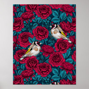 Rote Rose Blume und Goldflossenvögel Poster