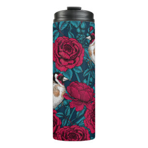 Rote Rose Blume und Goldflossenvögel Thermosbecher