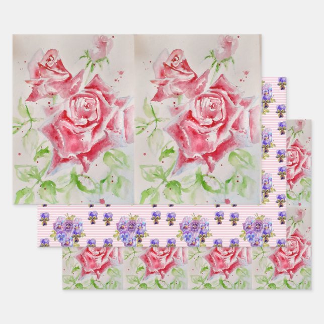 Rote Rose Blume Wasserfarben Shabby Chic Rose Geschenkpapier Set (Set)