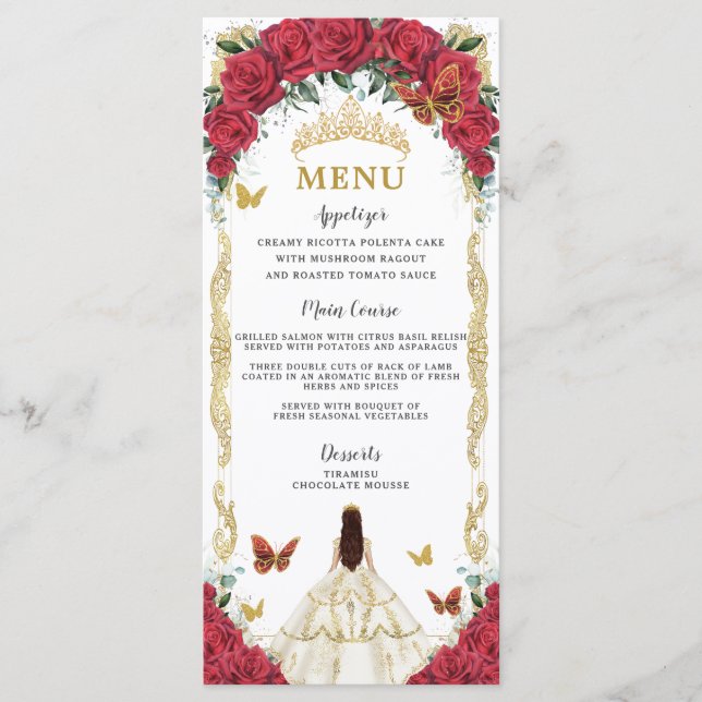 Rote Rose Blumenweißes Kleid Quinceañera XV Menü Programm (Vorderseite)