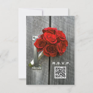 Rote Rose Bouquet & Barn Wood Wedding QR Code RSVP Karte