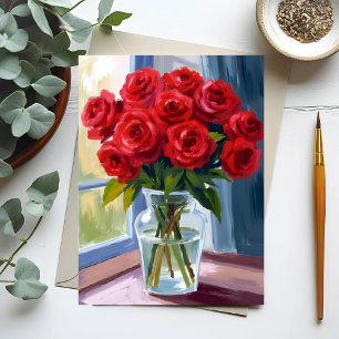 Rote Rose Bouquet Blume Vase Wasserfarbe Postkarte