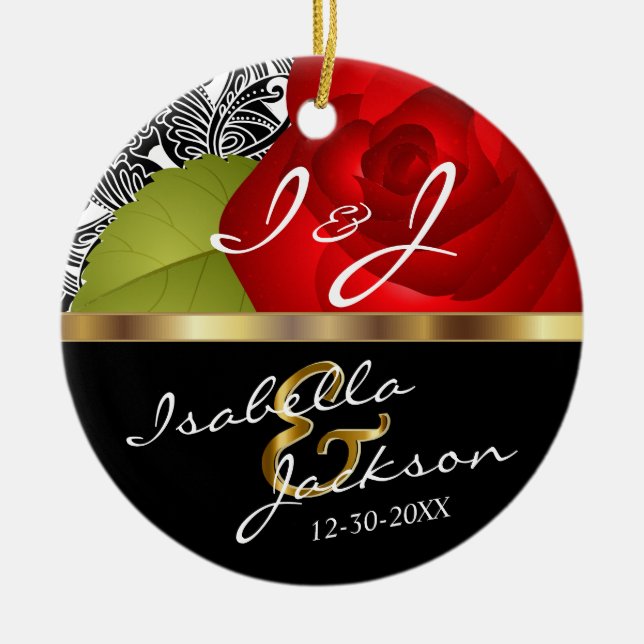 Rote Rose Braut und Groom Hochzeit halten Keramikornament (Vorne)