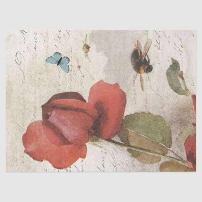 Rote Rose Bumblebee Französisch Script Butterfly V Seidenpapier (Vorderseite)