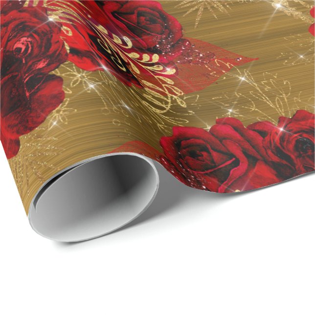 Rote Rose Bunch Sparky Glitzer Gold Metall Geschenkpapier (Rolleneckpunkt)