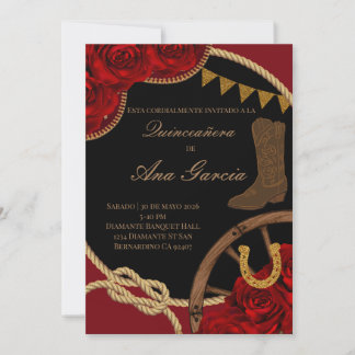Rote Rose Charra Quinceañera Mexikanische Fiesta  Einladung