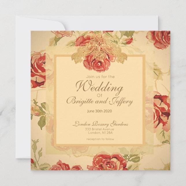 Rote Rose, cremefarbene, antike Blumenschrift rett Save The Date (Vorderseite)