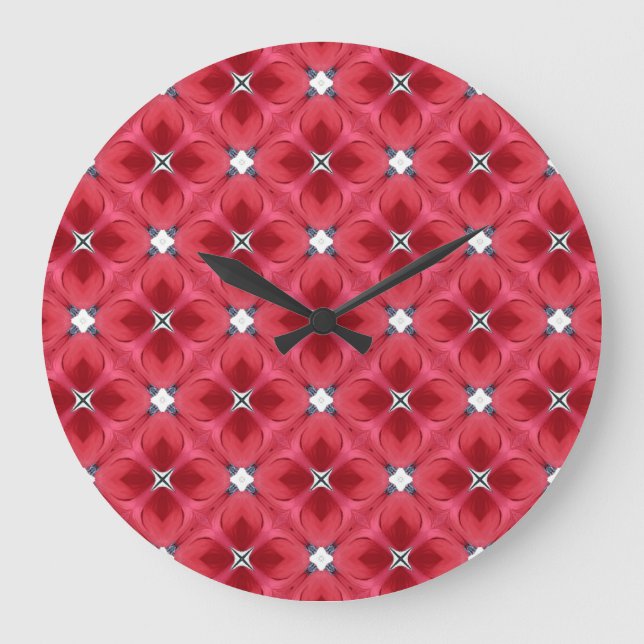 Rote Rose Diamantgeometrisches Muster Große Wanduhr (Vorderseite)