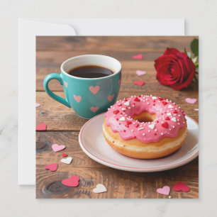 Rote Rose, Donut und Kaffee   Valentinstag Feiertagskarte