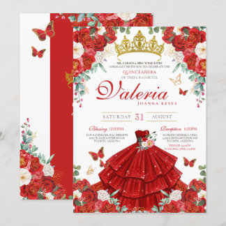 Rote Rose Elegant Butterfly Prinzessin Quinceañera Einladung