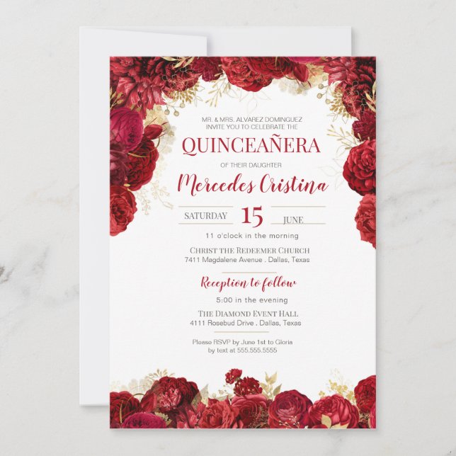 Rote Rose Elegant Floral Quinceanera Einladung (Vorderseite)