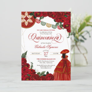 Rote Rose Elegante Charra/Mariachi Kleid Quinceañe Einladung