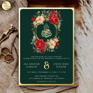 Rote Rose Elfenblumen Smaragd Muslimische Hochzeit Folieneinladung