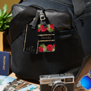 Rote Rose Floral auf Black Gepäckanhänger