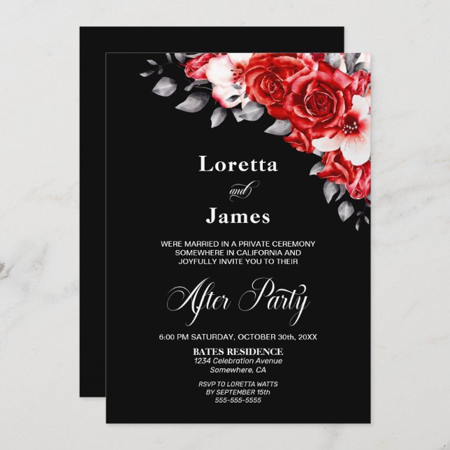 Rote Rose Floral Black Wedding Empfang Einladung (Vorne/Hinten)