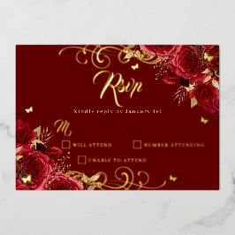 Rote Rose Floral Gold Swirl Gold Quinceanera Folieneinladung