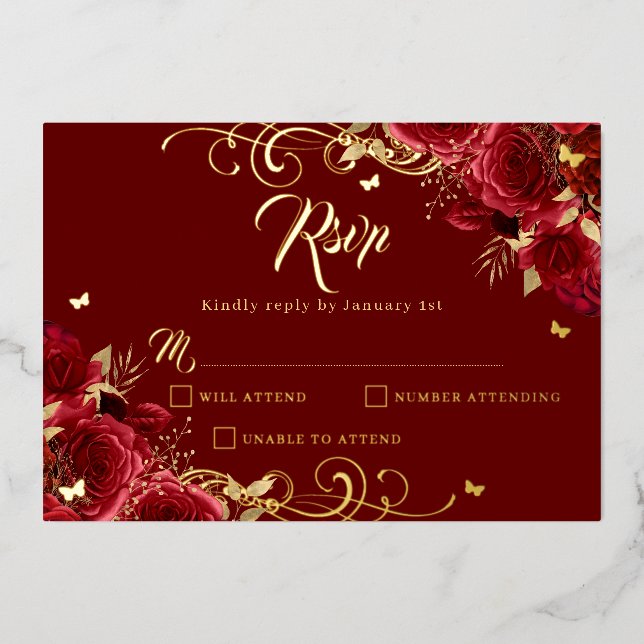 Rote Rose Floral Gold Swirl Gold Quinceanera Folieneinladung (Vorderseite)