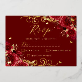 Rote Rose Floral Gold Swirl Quinceanera Folieneinladung