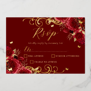 Rote Rose Floral Gold Swirl Quinceanera Folieneinladung