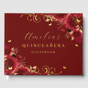 Rote Rose Floral Gold Swirl Quinceanera Gästebuch