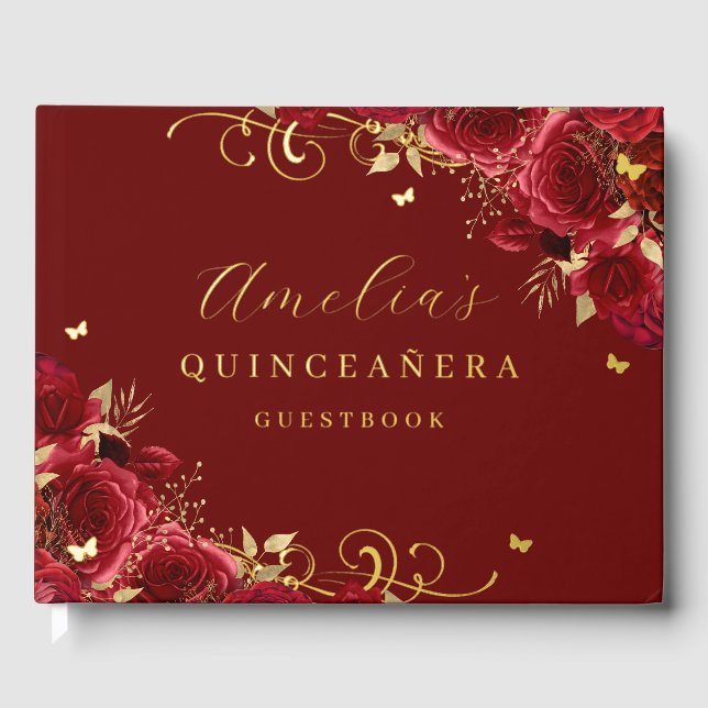 Rote Rose Floral Gold Swirl Quinceanera Gästebuch (Vorderseite)