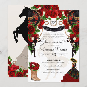 Rote Rose Floral Mariachi Charro Quinceanera Einladung