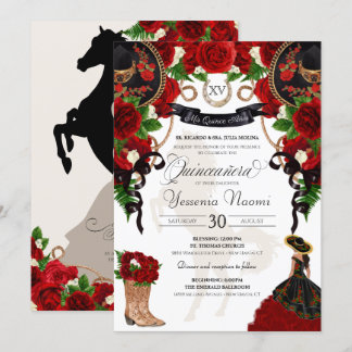 Rote Rose Floral Mariachi Charro Quinceanera Einladung