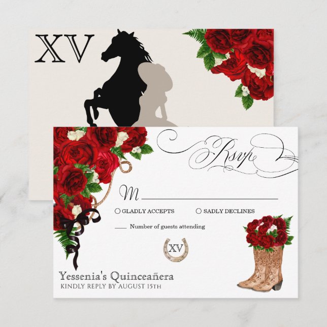 Rote Rose Floral Mariachi Quinceanera RSVP Karte (Vorne/Hinten)