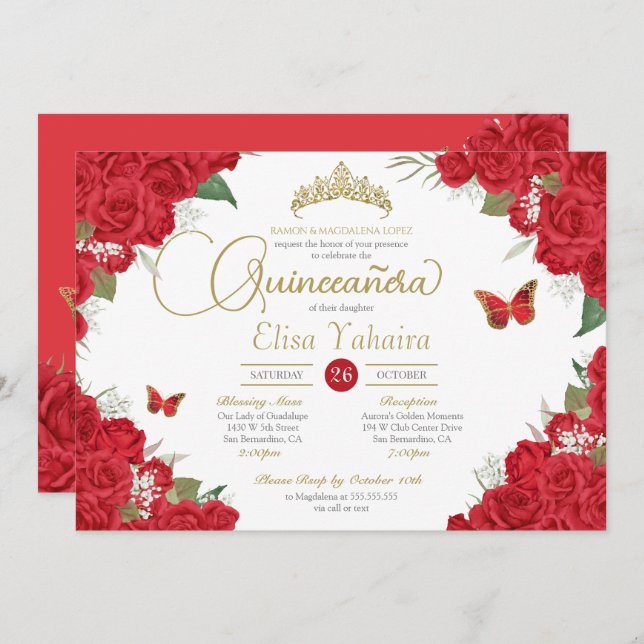 Rote Rose Floral und Schmetterlinge Quinceanera Einladung (Vorne/Hinten)
