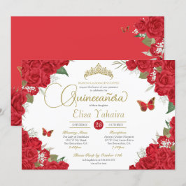 Rote Rose Floral und Schmetterlinge Quinceanera Einladung