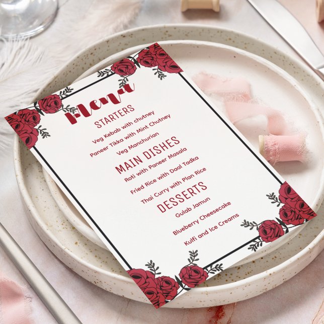 Rote Rose Floral Wedding Theme Menükarte (perfect red floral theme menu card for your wedding)