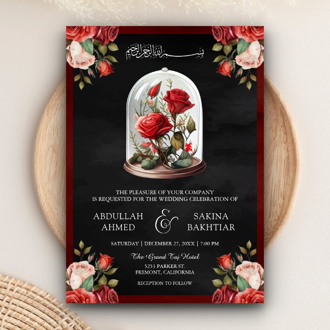 Rote Rose Glass Dome QR Code Black Muslim Hochzeit Einladung (Von Creator hochgeladen)