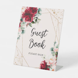 Rote Rose & Gold Aquarelldusche Gästebuchsignatur Sockelschild