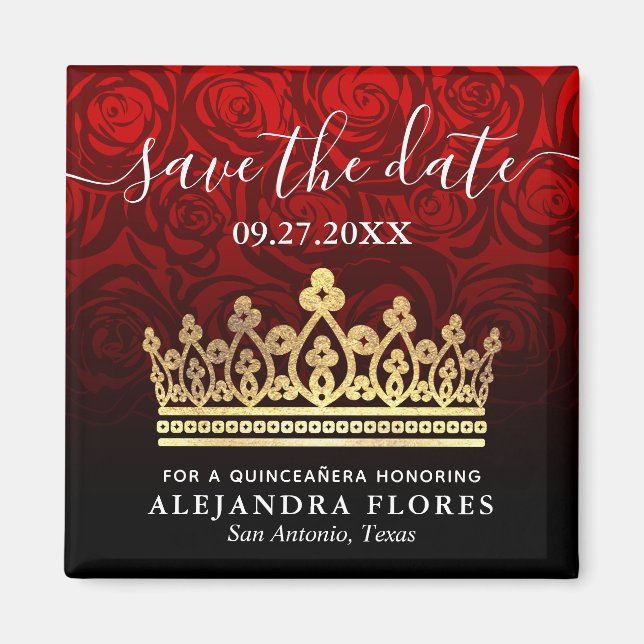 Rote Rose Gold Black Quinceanera Save the Date Magnet (Vorne)