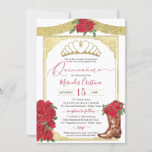 Rote Rose & Gold Charra Floral Boot Quinceanera Einladung