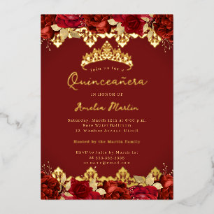 Rote Rose Gold Damask Blumenquinceanera Folieneinladung