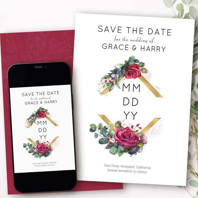 Rote Rose Gold Diamantgeometrische Rahmen Save The Date (Modern Save the Date from my Red Rose and Eucalyptus collection)