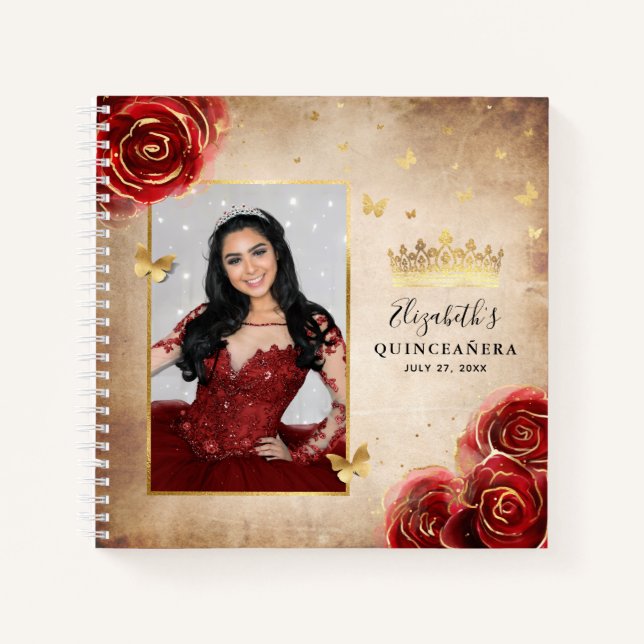 Rote Rose Gold Elegantes Foto Quinceanera Gast Notizbuch (Vorderseite)