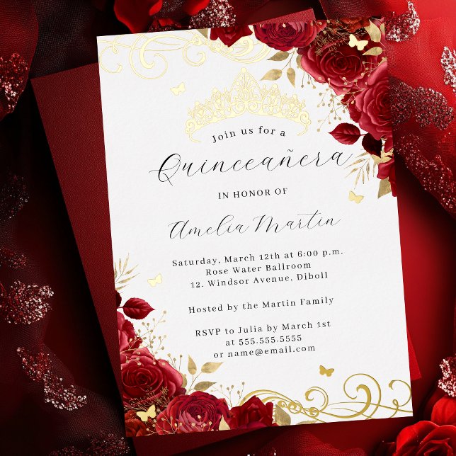 Rote Rose Gold Floral Swirl Quinceanera Folieneinladung (Von Creator hochgeladen)