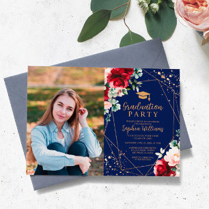 Rote Rose & Gold Foto Graduation Party Einladung