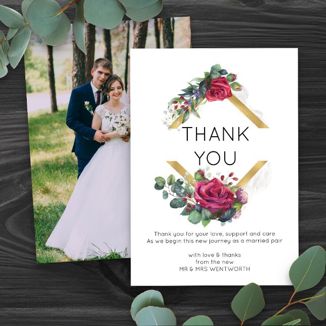 Rote Rose Gold Geometric Frame Wedding Vielen Dank Dankeskarte (Wedding photo thank you cards with floral gold frame - Red Rose and Eucalyptus Wedding Collection)