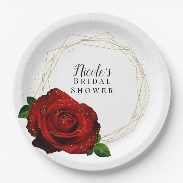 Rote Rose Gold Geometric Glam Brautparty Pappteller (Vorderseite)