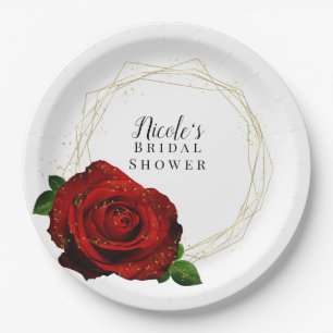 Rote Rose Gold Geometrischer Glam-Brautabschied Pappteller